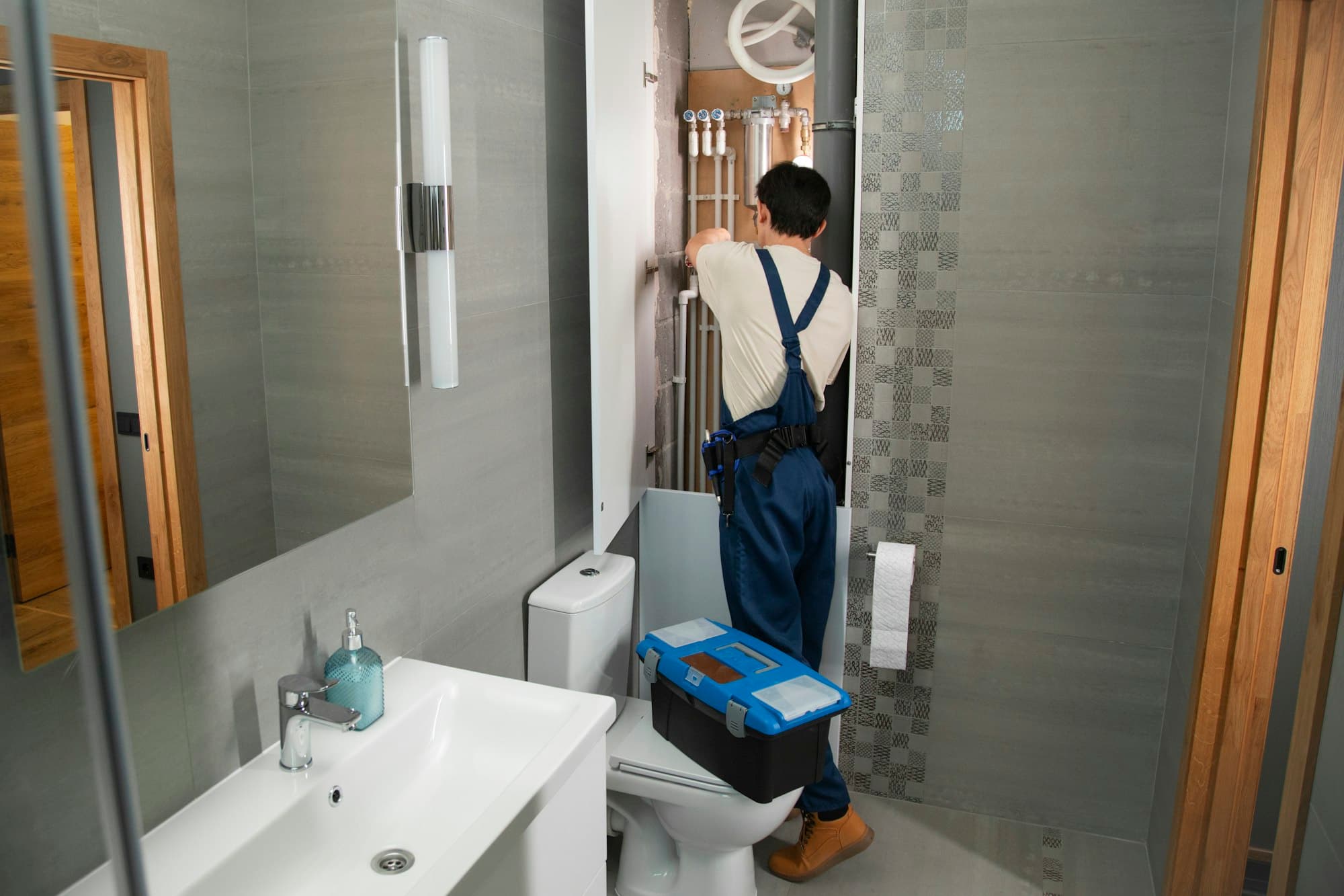 Engineer with a toolbox working in a compact modern bathroom